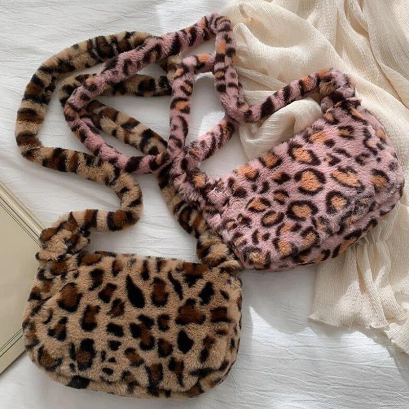 Leopard Print Crossbody Bag Plush Soft Shoulder Messenger Bag