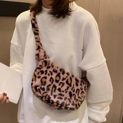 Leopard Print Crossbody Bag Women Soft Plush Handbag