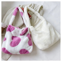 Heart Printed Plush Shoulder Bag for Women