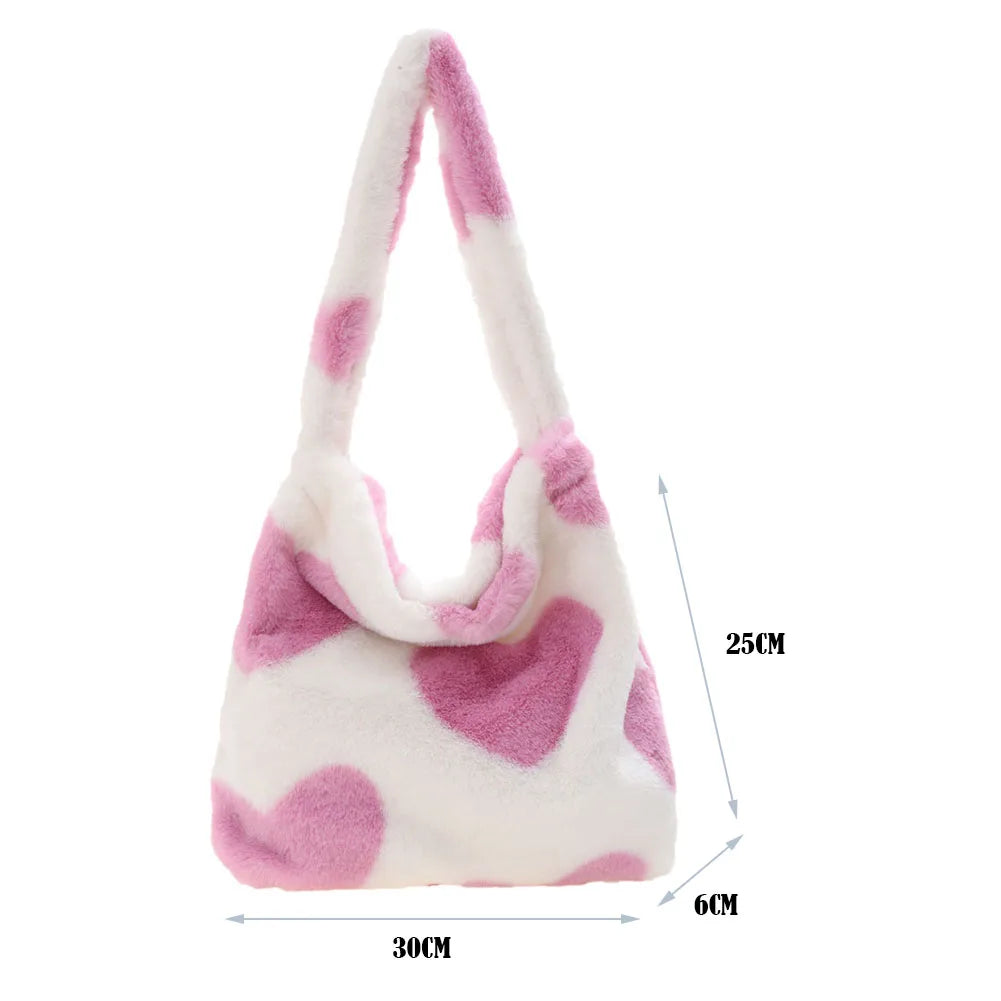 Heart Printed Plush Shoulder Bag for Women