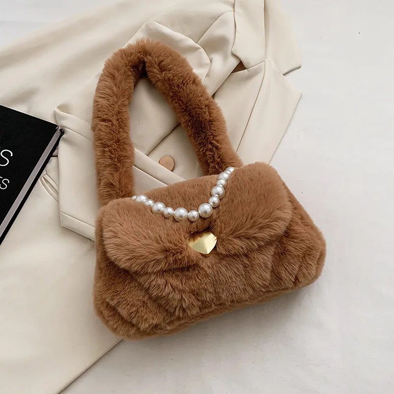 Fluffy Women Shoulder Bag with Pearls Chain