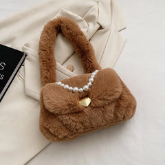Fluffy Women Shoulder Bag with Pearls Chain