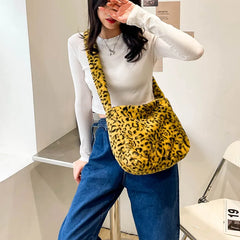 Plush Women's Handbag Animal Print Shoulder Clutch Street Travel Bag