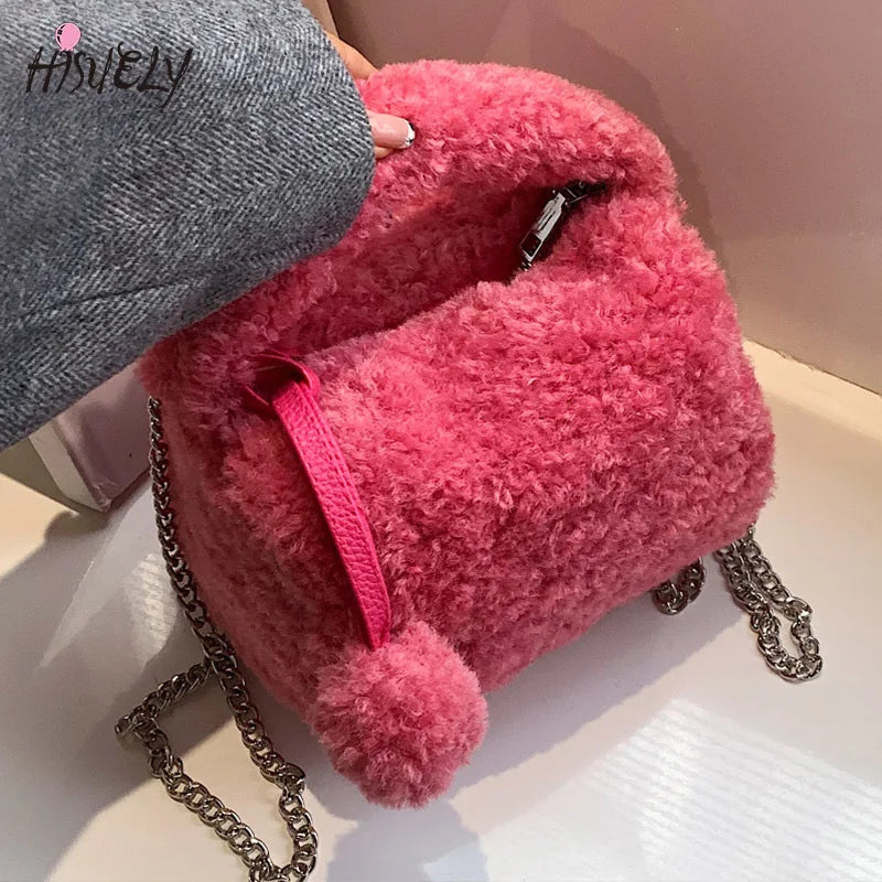 Fluffy Chain Messenger Bag Women's Solid Creative Portable Small Square Bag