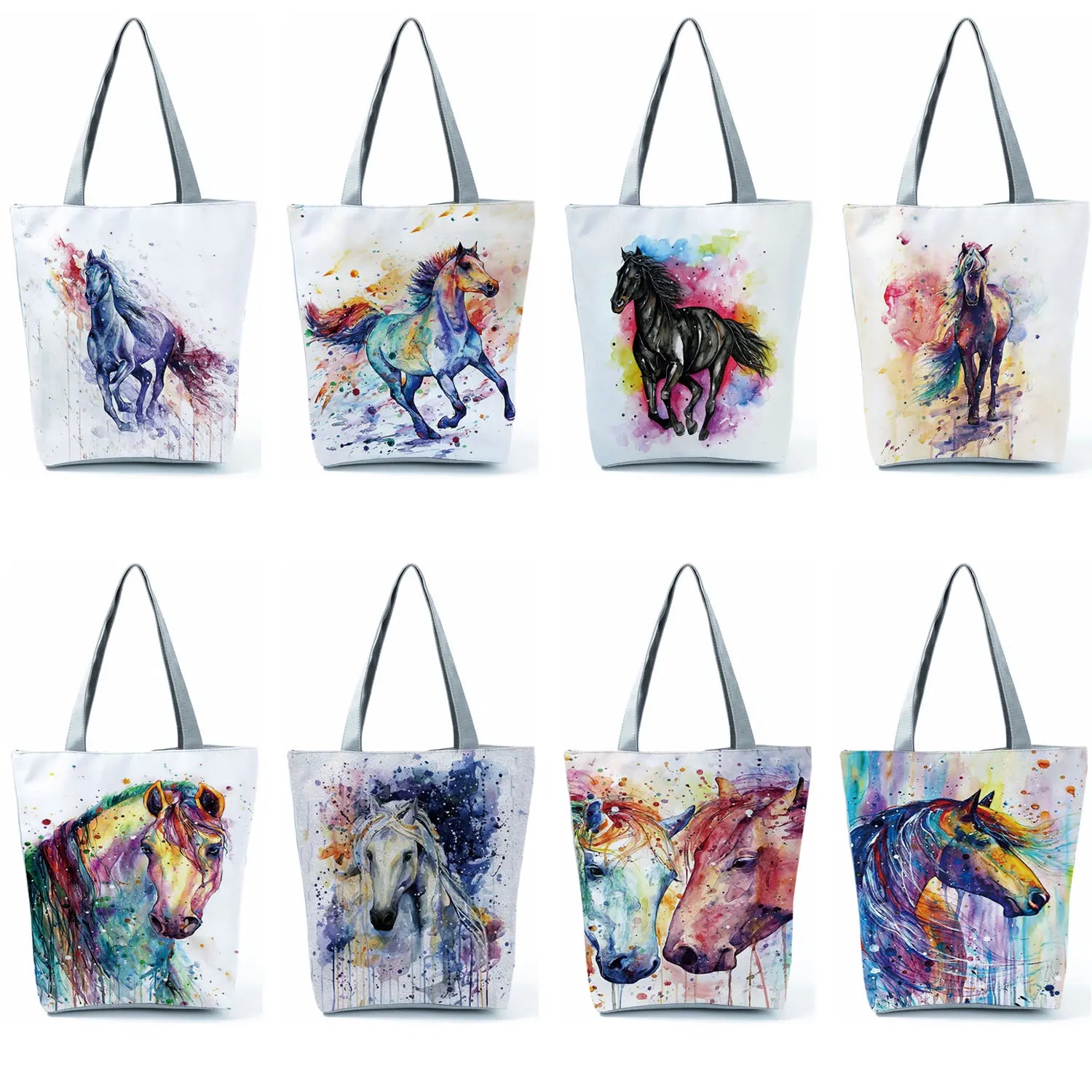 Watercolor Horse Print Reusable Shopping Bag - Customizable Shoulder Tote