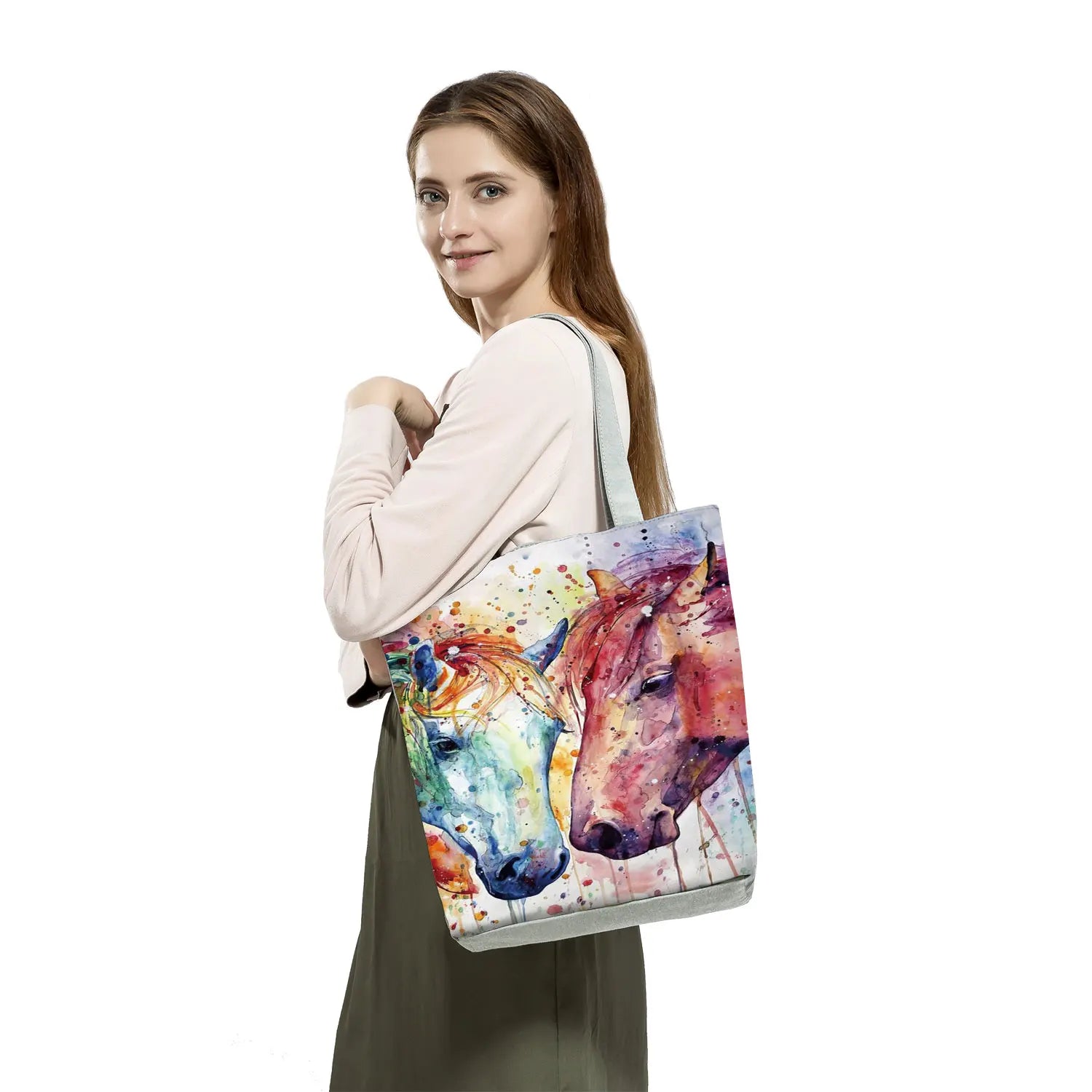 Watercolor Horse Print Reusable Shopping Bag - Customizable Shoulder Tote