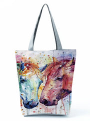 Watercolor Horse Print Reusable Shopping Bag - Customizable Shoulder Tote