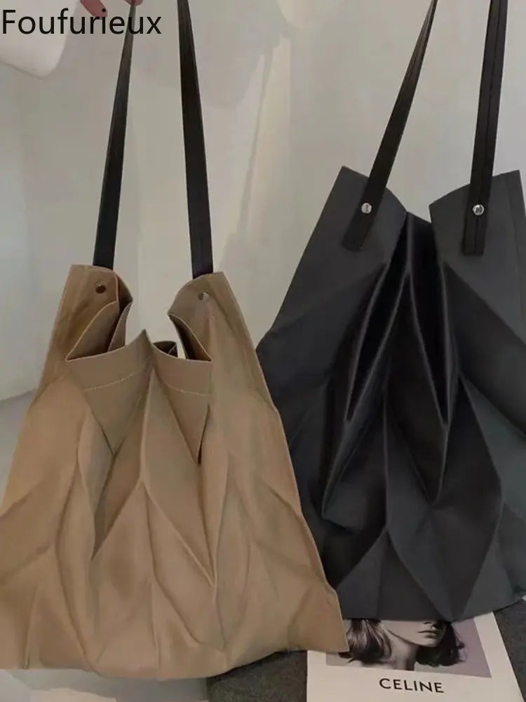 Foufurieux Geometric Pleated Canvas Shoulder Bag for Women