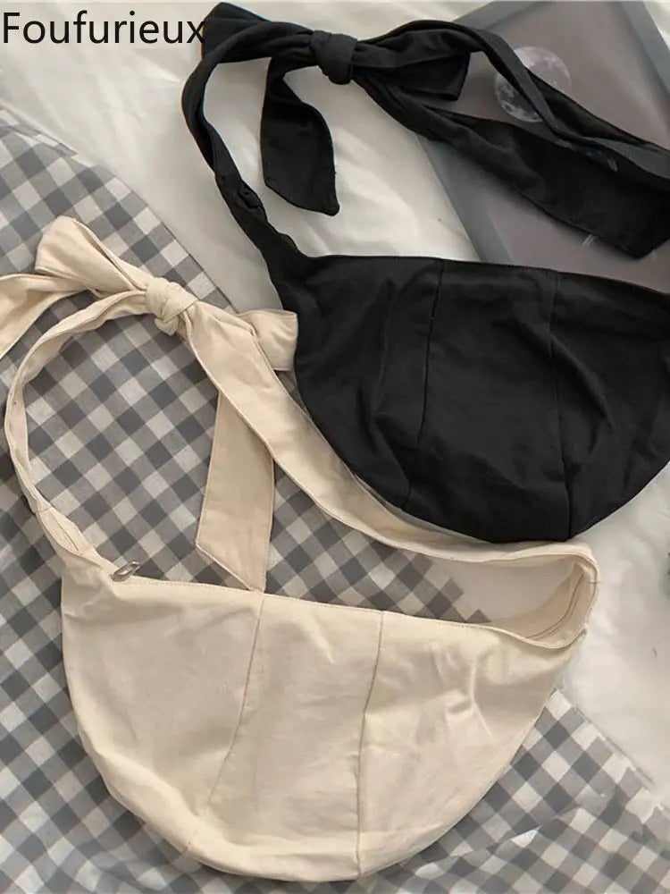 Harajuku Style Canvas Dumpling Bag Solid Color Large Capacity Crossbody Bag