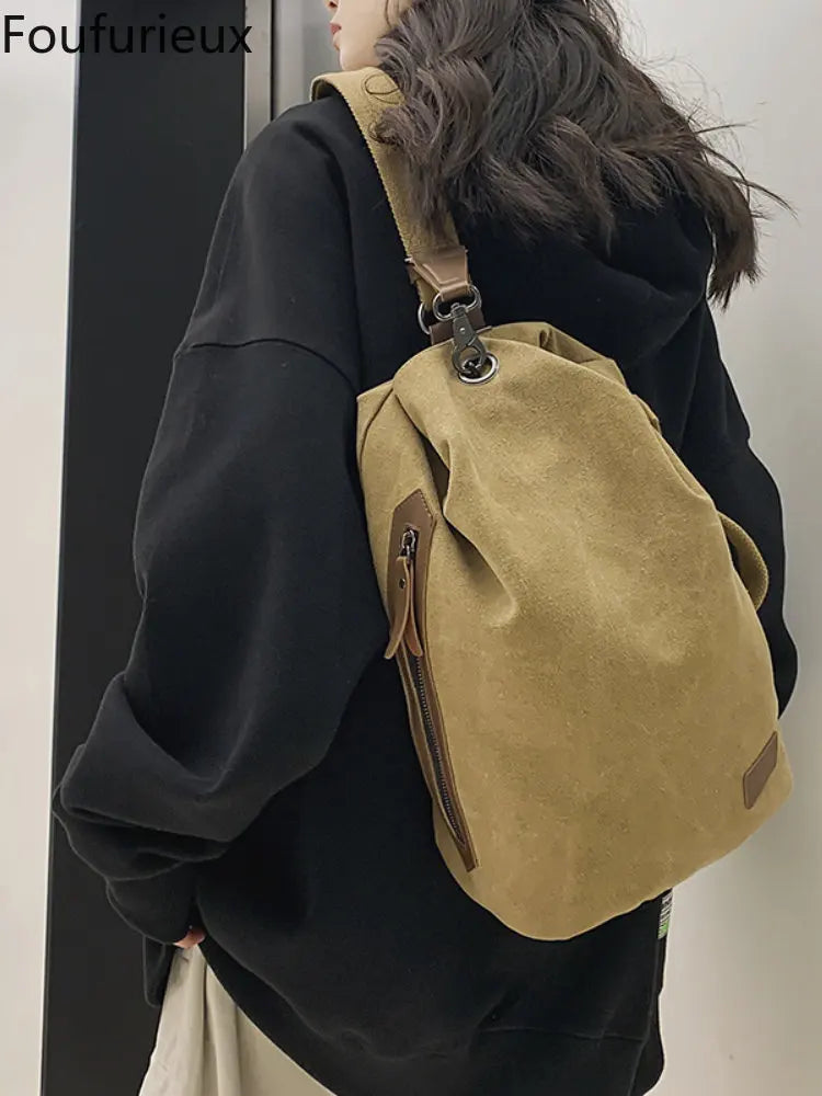 Foufurieux Canvas Sports Chest Bag Large Capacity Handbag Backpack