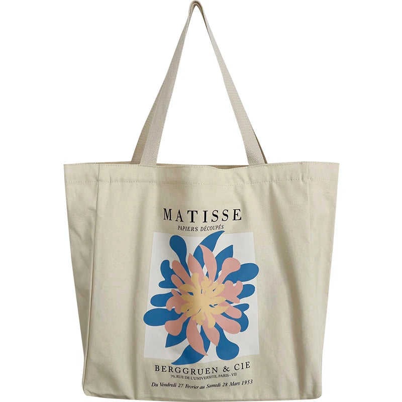 French Arts Female Canvas Shoulder Bag Matisse Flower Print Book Handbag