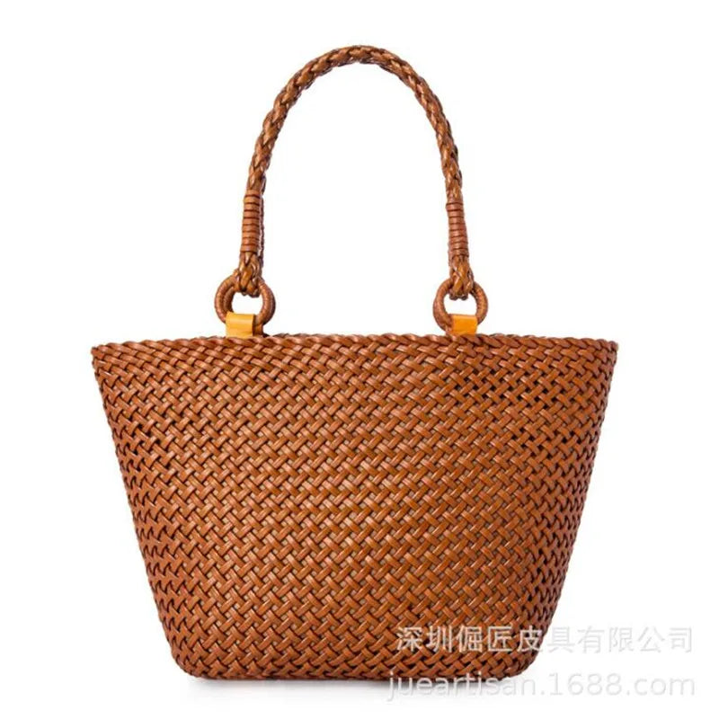 French Casual Tote Purse Leather Hand-Woven Handbag