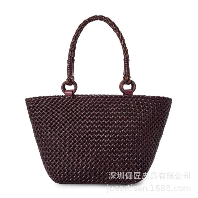 French Casual Tote Purse Leather Hand-Woven Handbag