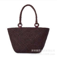 French Casual Tote Purse Leather Hand-Woven Handbag