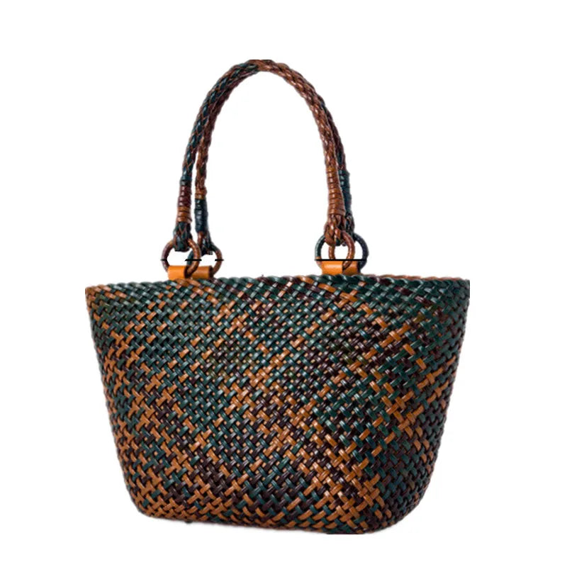 French Casual Tote Purse Leather Hand-Woven Handbag