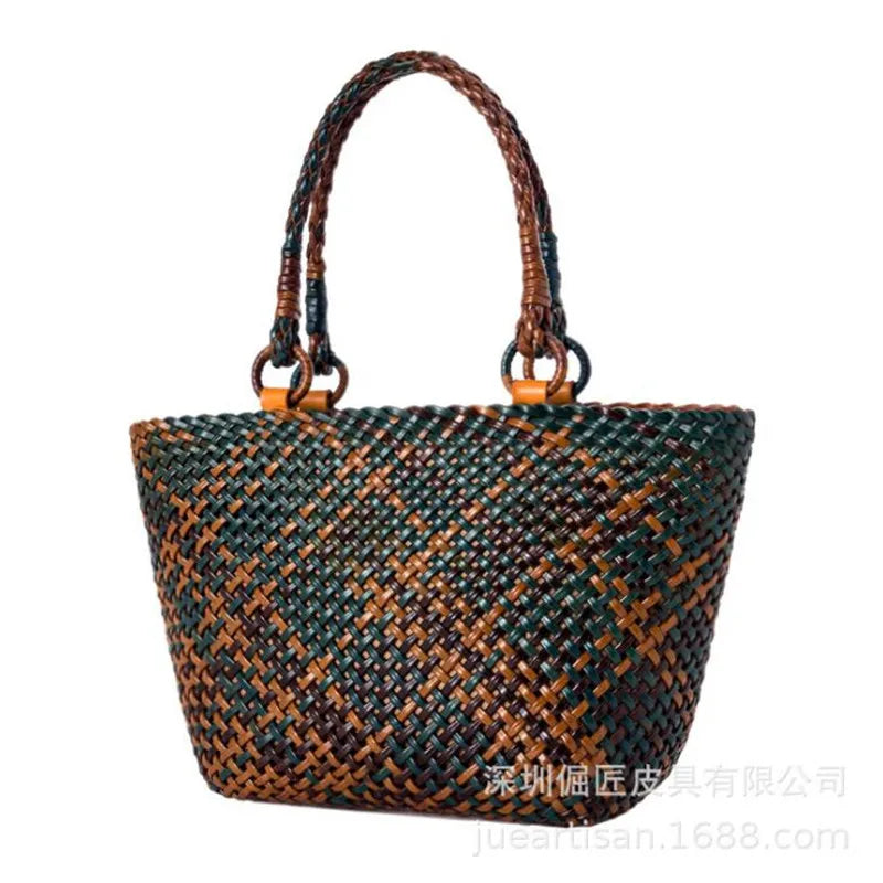 French Casual Tote Purse Leather Hand-Woven Handbag