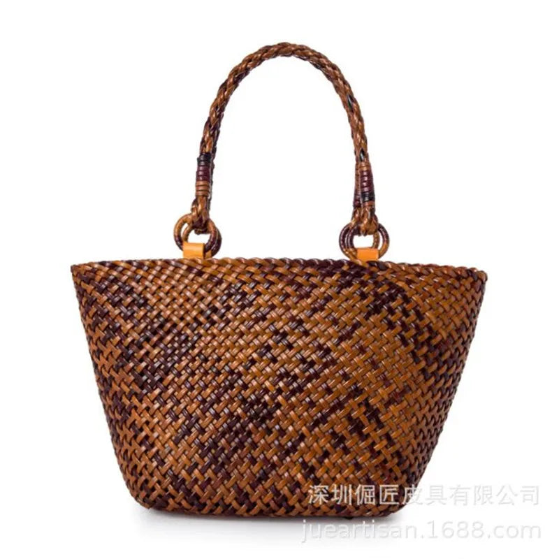 French Casual Tote Purse Leather Hand-Woven Handbag