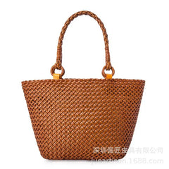 French Casual Tote Purse Leather Hand-Woven Handbag