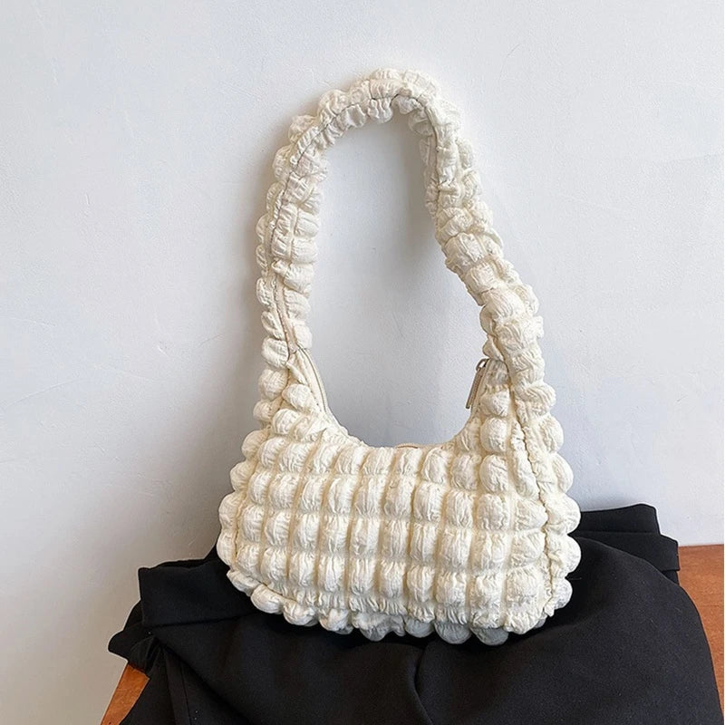 French Pleated Small Square Underarm Bag Women Casual Solid Zipper Handbag