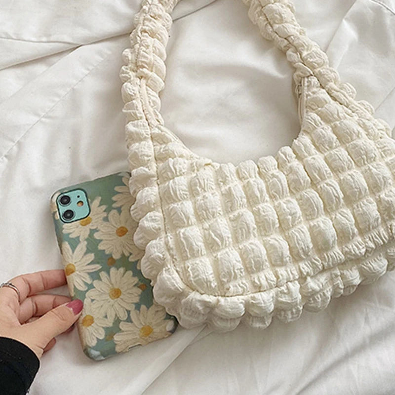 French Pleated Small Square Underarm Bag Women Casual Solid Zipper Handbag