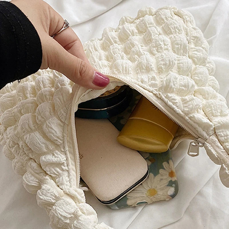 French Pleated Small Square Underarm Bag Women Casual Solid Zipper Handbag