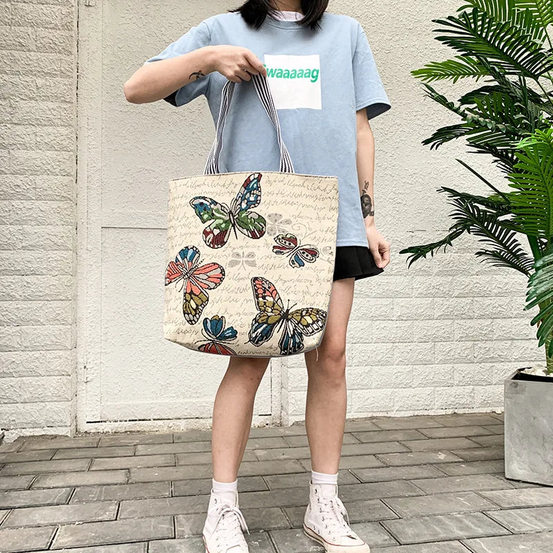 Butterfly Printed Tote Bag Women Linen Shoulder Bag Foldable Shopping Bag