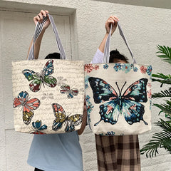 Butterfly Printed Tote Bag Women Linen Shoulder Bag Foldable Shopping Bag
