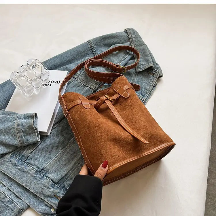 Frosted PU Leather Women's Bucket Bag Vintage Shoulder Handbag