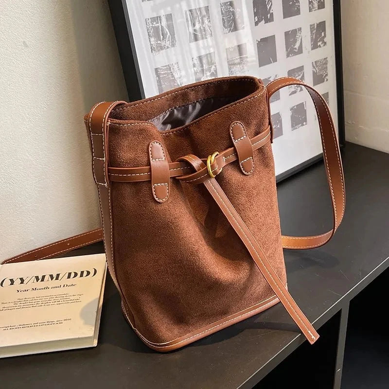 Frosted PU Leather Women's Bucket Bag Vintage Shoulder Handbag