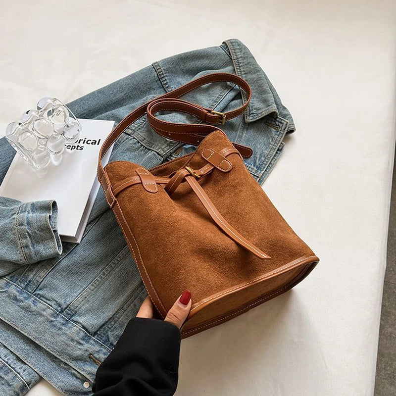 Frosted PU Leather Women's Bucket Bag Vintage Shoulder Handbag