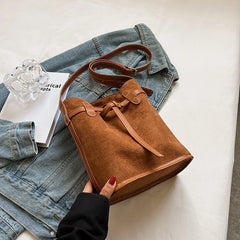 Frosted PU Leather Women's Bucket Bag Vintage Shoulder Handbag