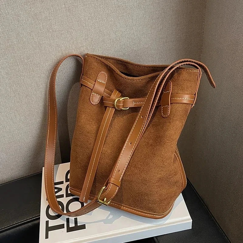 Frosted PU Leather Women's Bucket Bag Vintage Shoulder Handbag