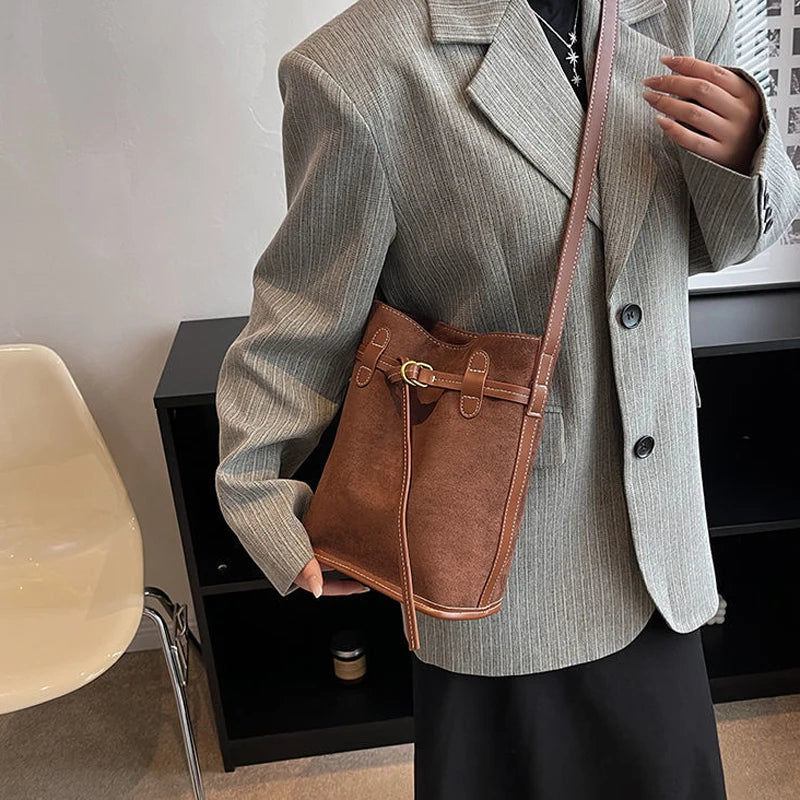Frosted PU Leather Women's Bucket Bag Vintage Shoulder Handbag