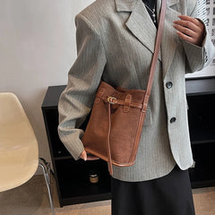 Frosted PU Leather Women's Bucket Bag Vintage Shoulder Handbag