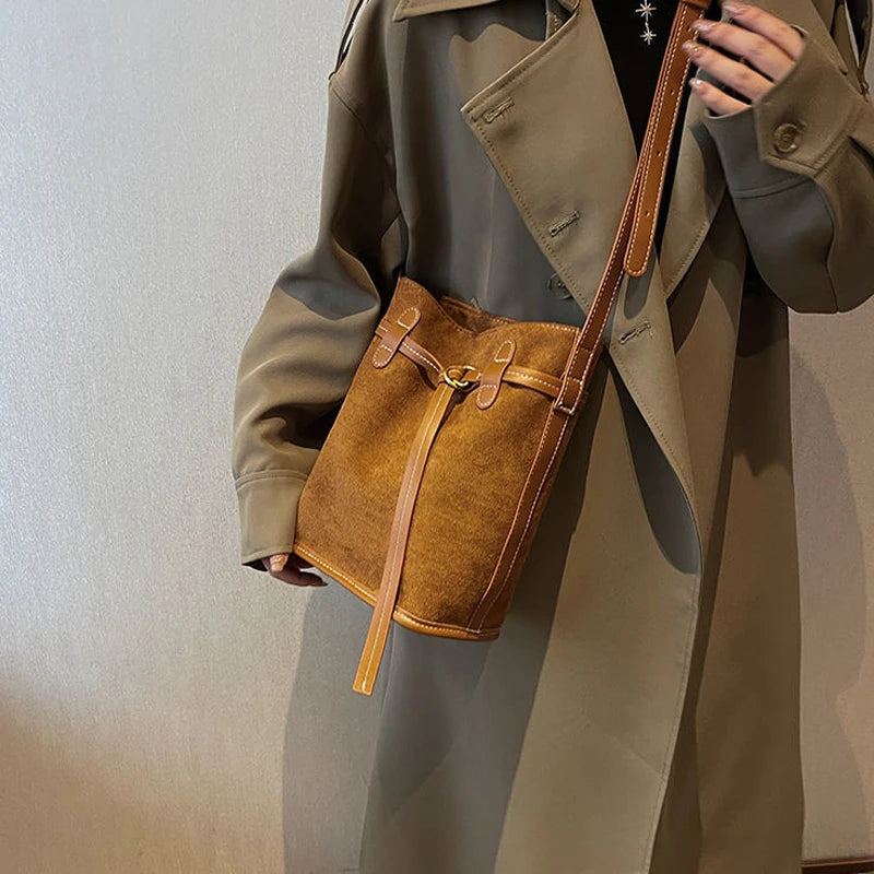 Frosted PU Leather Women's Bucket Bag Vintage Shoulder Handbag