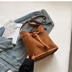 Frosted PU Leather Women's Bucket Bag Vintage Shoulder Handbag