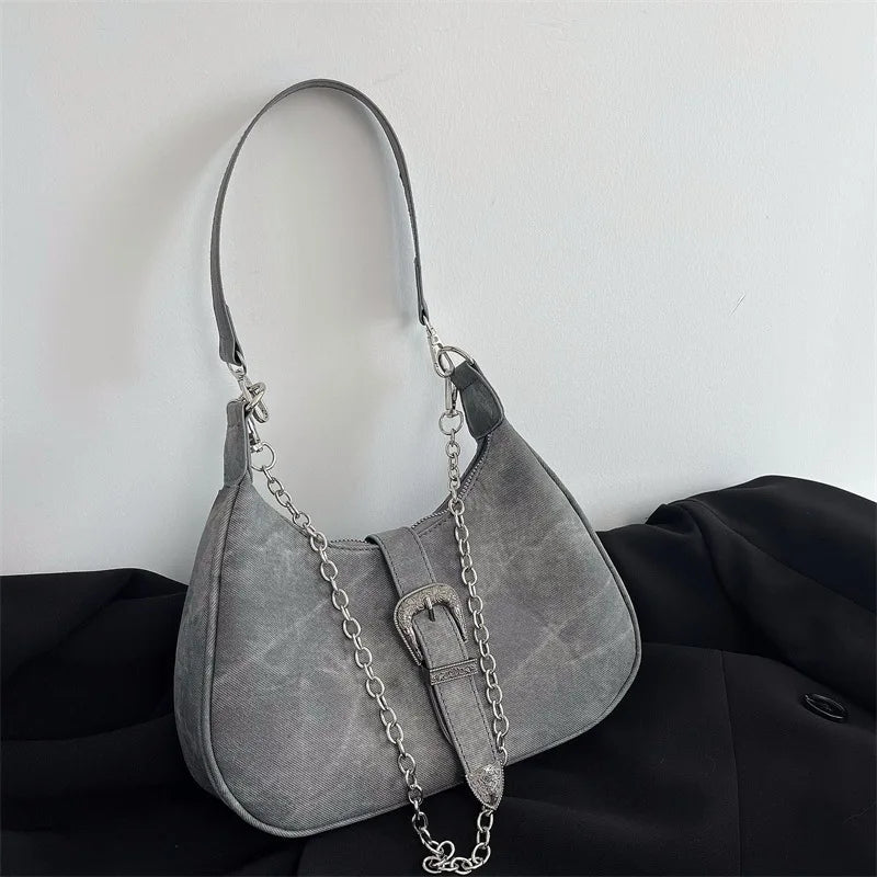 Vintage Solid Chain Zipper Armpit Bag Frosted Polyester Women's Shoulder Bag