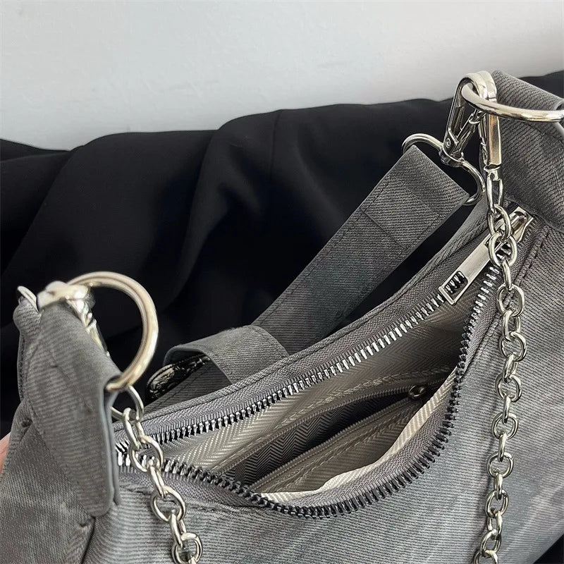 Vintage Solid Chain Zipper Armpit Bag Frosted Polyester Women's Shoulder Bag