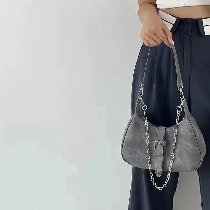 Vintage Solid Chain Zipper Armpit Bag Frosted Polyester Women's Shoulder Bag