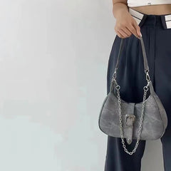 Vintage Solid Chain Zipper Armpit Bag Frosted Polyester Women's Shoulder Bag