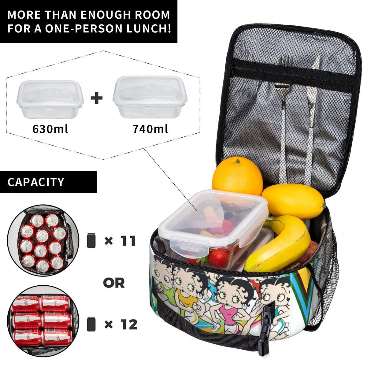 Betty Boops Animation Insulated Lunch Tote Bag Portable Thermal Cooler Food Box