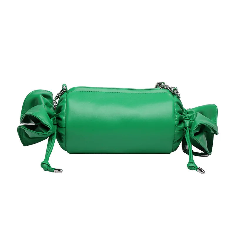 Funny Candy Women Bag Leather Shoulder Bag Chain Pleated Barrel Messenger