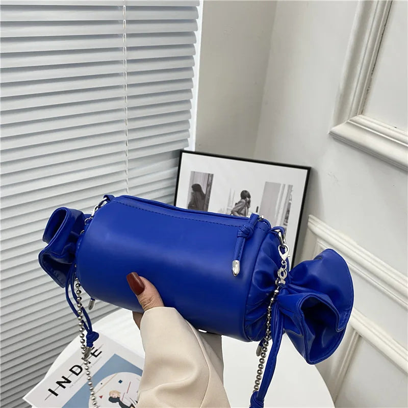 Funny Candy Women Bag Leather Shoulder Bag Chain Pleated Barrel Messenger