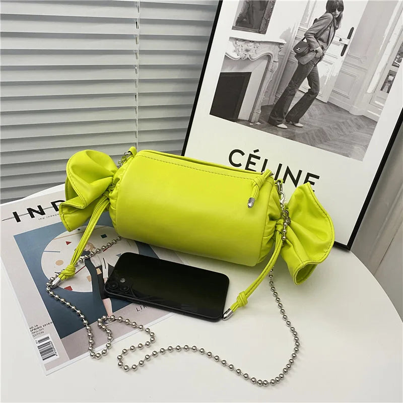 Funny Candy Women Bag Leather Shoulder Bag Chain Pleated Barrel Messenger