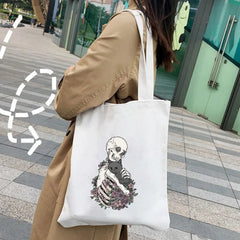 Skeleton Skull Cat Roses Women Canvas Shoulder Bags Harajuku Handbags Totes