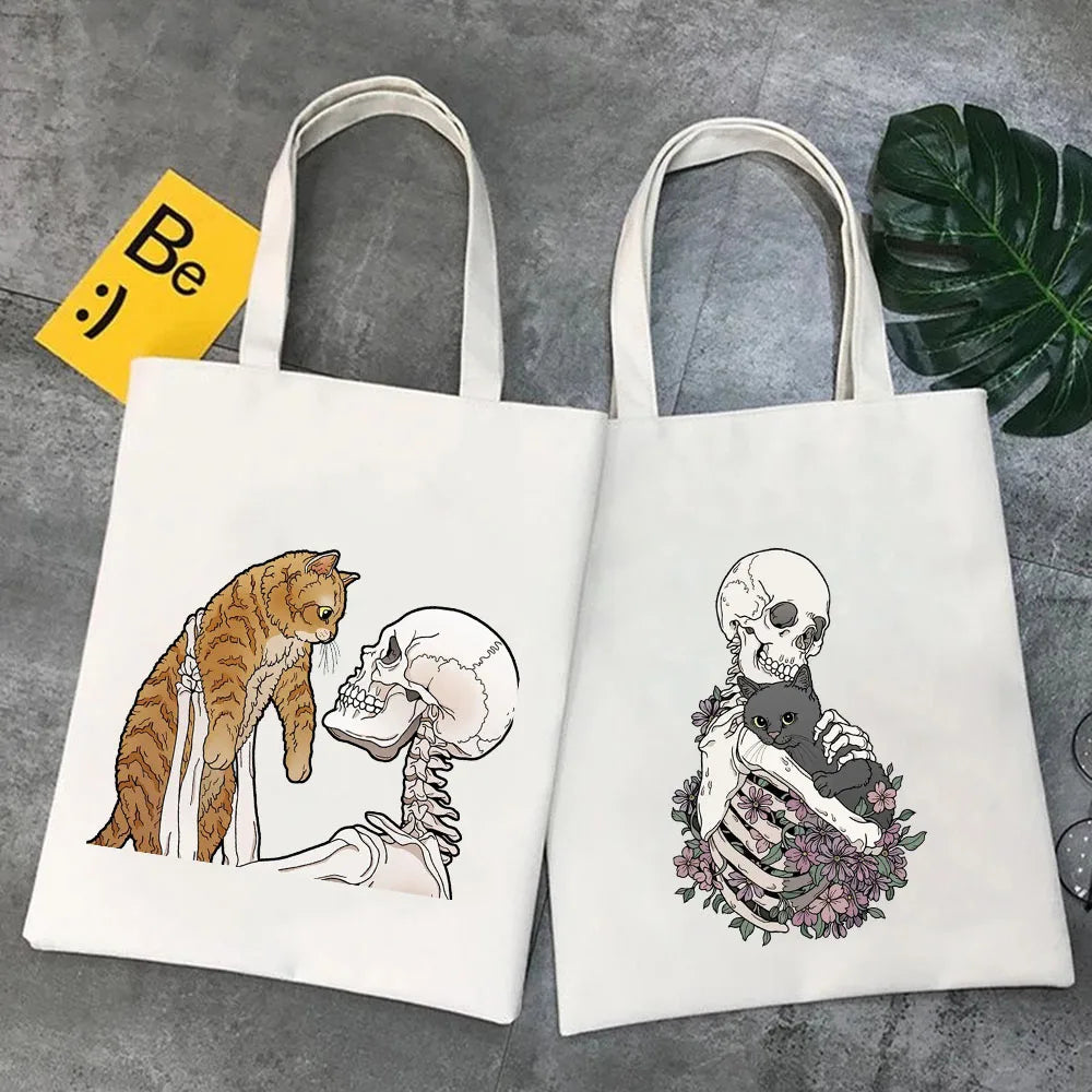 Skeleton Skull Cat Roses Women Canvas Shoulder Bags Harajuku Handbags Totes