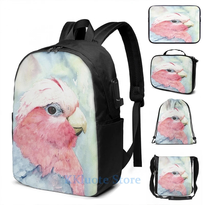Funny Australian Galah Cockatoo Watercolour Painting USB Charge Backpack