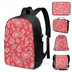 Funny Graphic Print Bandana Seamless Pattern Red USB Charge Backpack