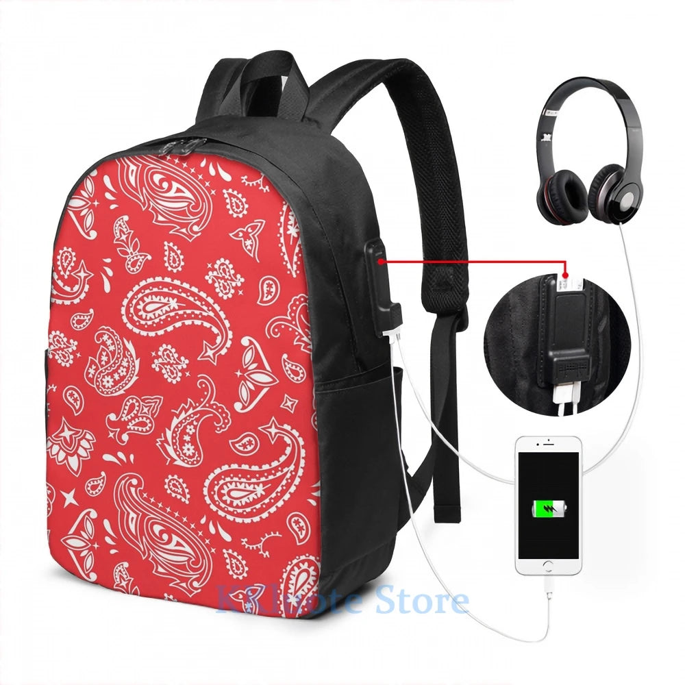 Funny Graphic Print Bandana Seamless Pattern Red USB Charge Backpack