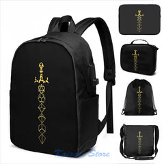 Graphic Dice Set Sword RPG Gaming USB Charge Backpack Men Women School Travel Ba